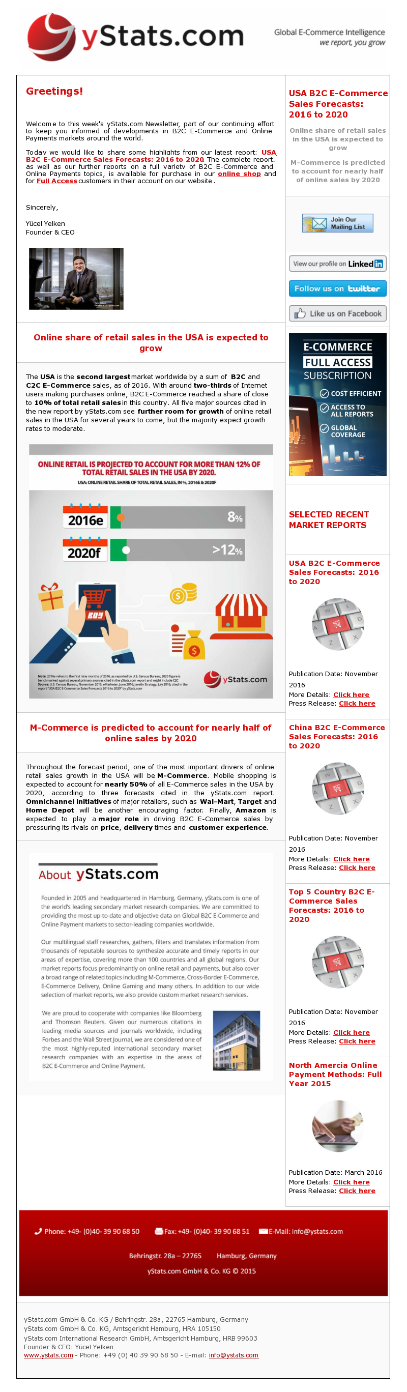 New report from yStats.com synthesizes online retail sales forecasts in the USA

The USA is the second largest market worldwide by a sum of B2C and C2C E-Commerce sales, as of 2016. With around two-thirds of Internet users making purchases online, B2C E-Commerce reached a share of close to 10% of total retail sales in this country. All five major sources cited in the new report by yStats.com see further room for growth of online retail sales in the USA for several years to come, but the majority expect growth rates to moderate.

Throughout the forecast period, one of the most important drivers of online retail sales growth in the USA will be M-Commerce. Mobile shopping is expected to account for nearly 50% of all E-Commerce sales in the USA by 2020, according to three forecasts cited in the yStats.com report. Omnichannel initiatives of major retailers, such as Wal-Mart, Target and Home Depot will be another encouraging factor. Finally, Amazon is expected to play a major role in driving B2C E-Commerce sales by pressuring its rivals on price, delivery times and customer experience.
